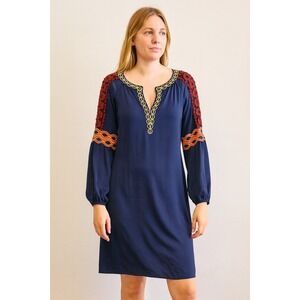 Tory Burch Dress Womens 8 Blue Silk Long Sleeve Embroidered Detail Casual Beachy